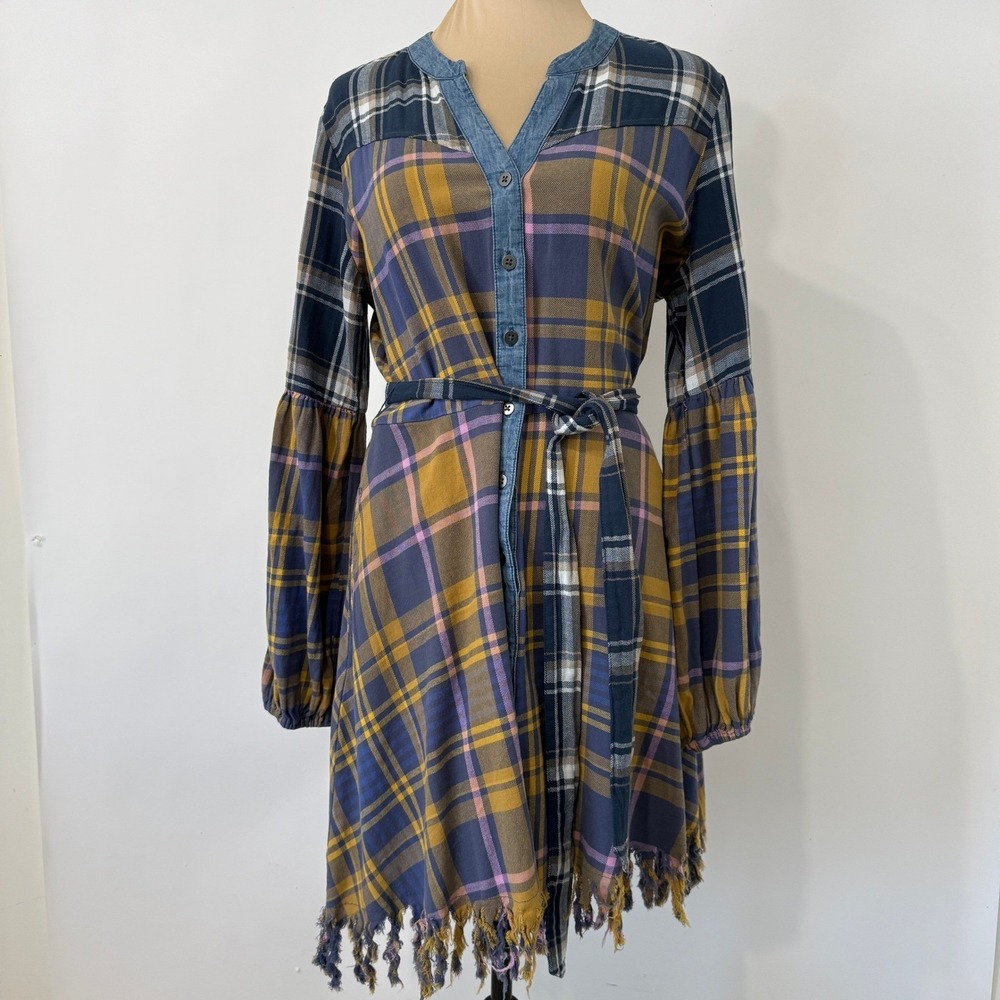 Cato Plaid Shirt Dress Womens‎ Medium Blue Yellow Fringe Hem Boho Western